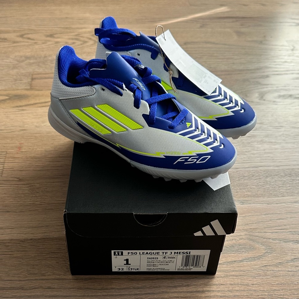 NWT Adidas Messi Kids F50 Turf Soccer Cleats - Blue, Silver, Neon Yellow